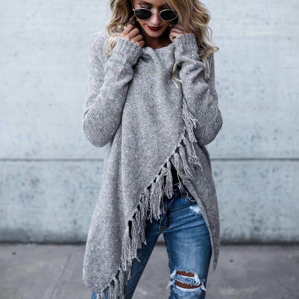CEASIKERY Women's Tassel Hem Sweater Long Cardigan Knitwer Pullover Poncho Coat